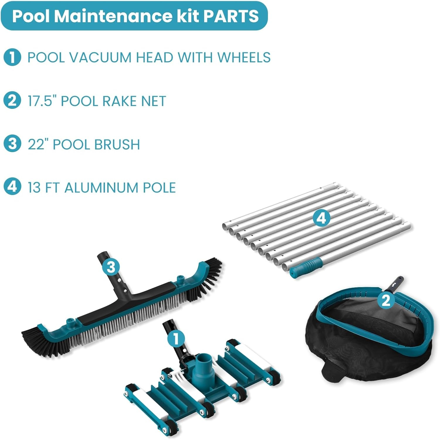Ultimate Deluxe Pool Cleaning Kit: Net, Vacuum Head & 13ft Brush Pole