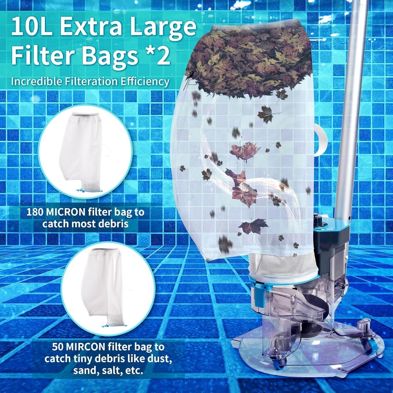 Heavy Duty Cordless Pool Leaf Vacuum – Dual Filter, Quick Charge, 75 Min Runtime