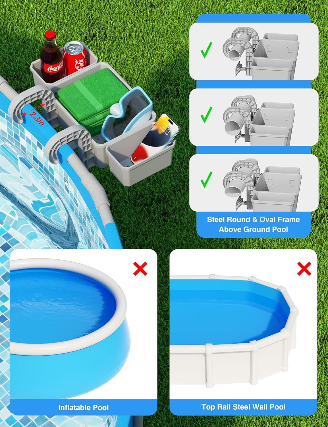 Poolside Storage Basket with 2 Cup Holders, Stretchable above Ground Pool Access