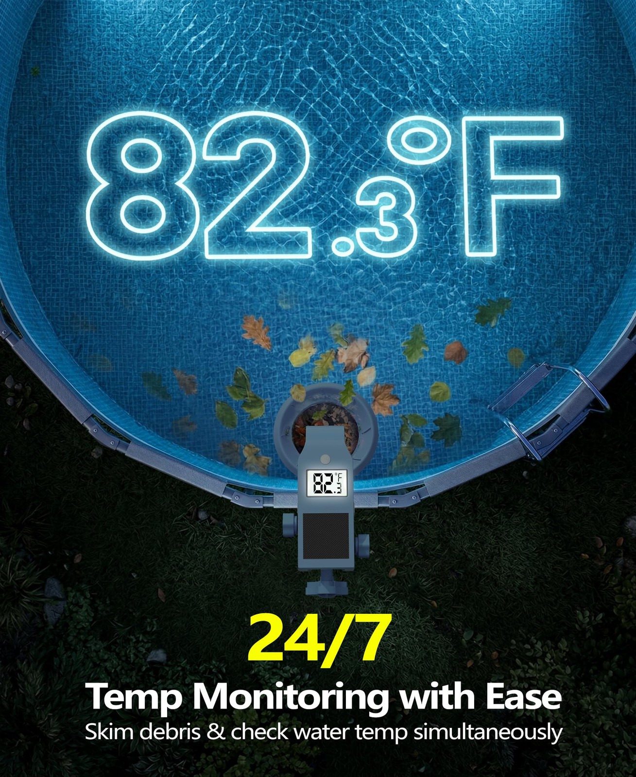 Above Ground Pool Skimmer with Solar Digital Thermometer and Adjustable Bracket
