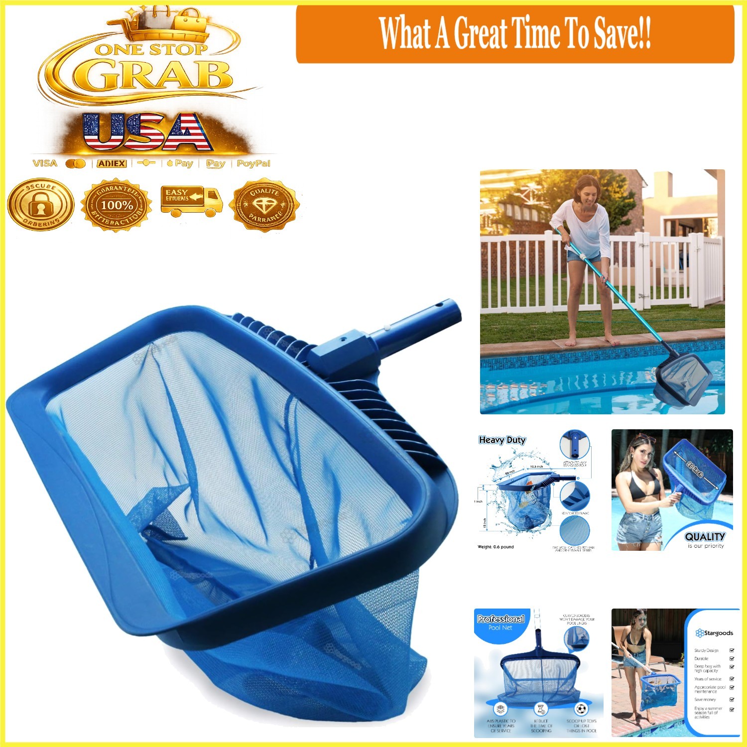 Heavy Duty Pool Skimmer Net Leaf Rake Mesh Catcher Blue Pool Cleaning Tool