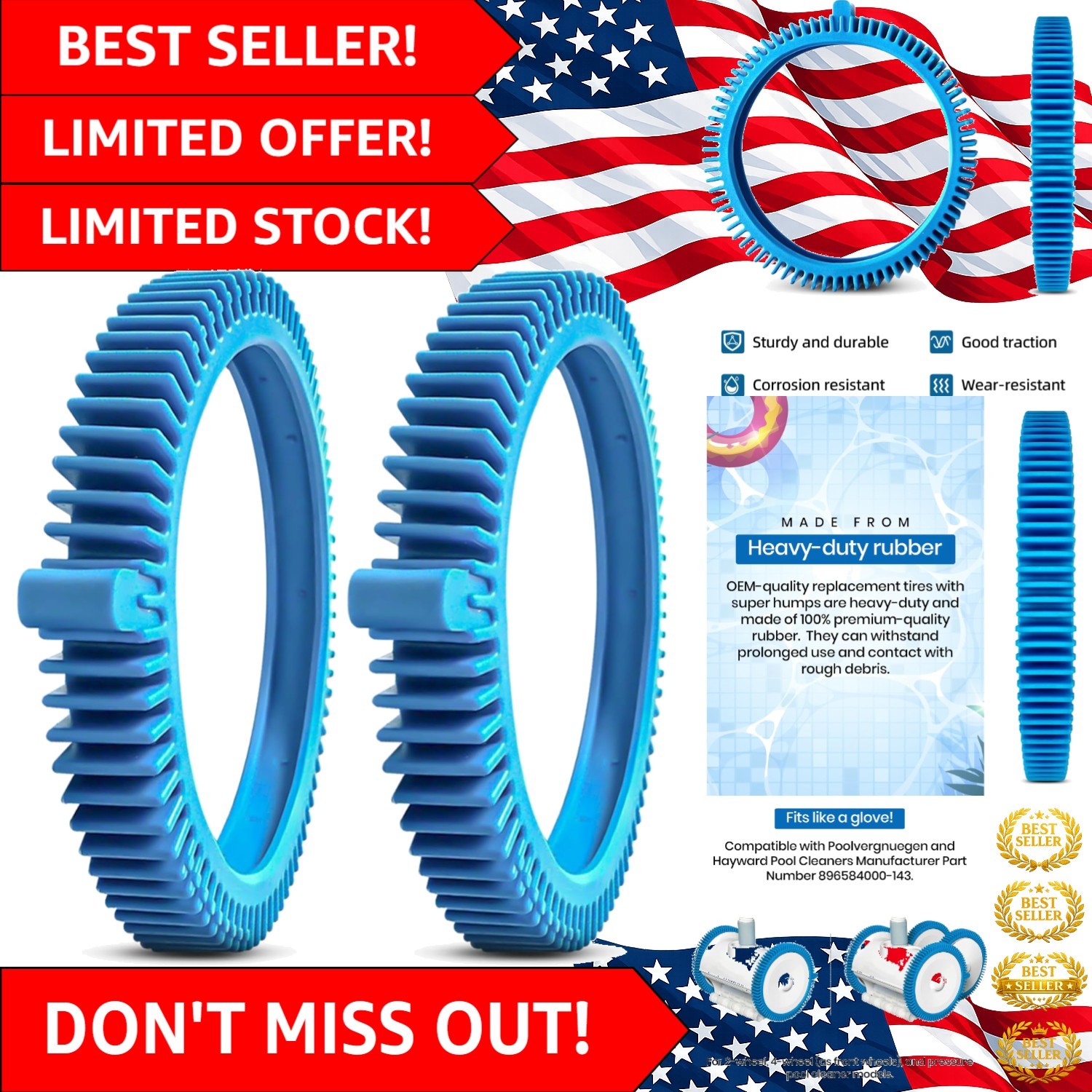 2-Pack Replacement Tires with Super Hump for Pool Cleaners – Fits Hayward & …