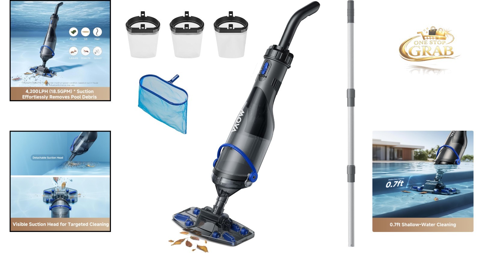 Handler V10 Cordless Pool Vacuum 18.5 GPM Suction Telescopic Pole & Skimmer Net