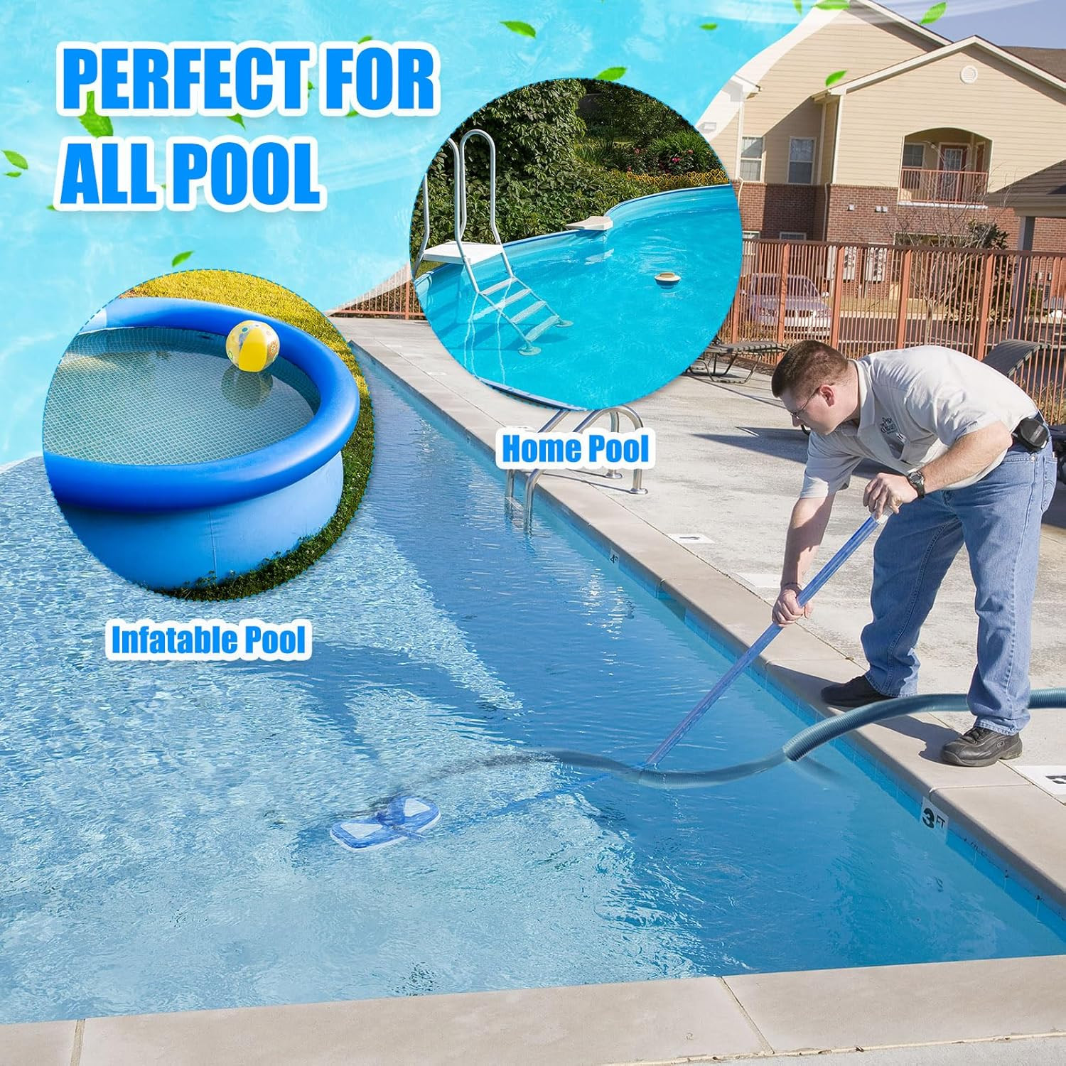 3 Pcs Pool Cleaning Kit Swimming Pool Vacuum Head Hoses 1-1/2&Prime; X 30Ft with Swive