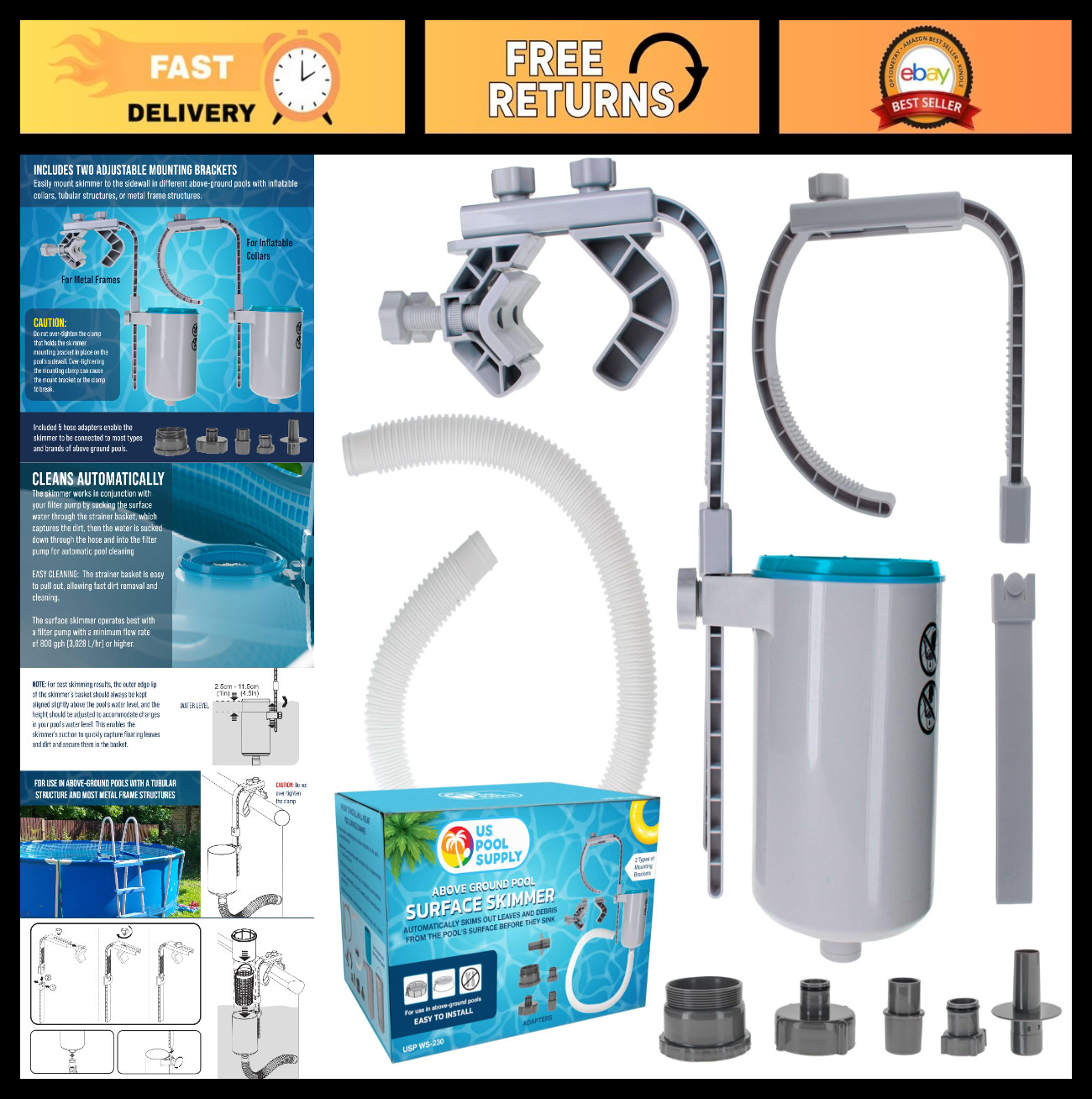 Above Ground Pool Skimmer – Floating Surface Cleaner, 5 Adapters, Dirt Basket, W