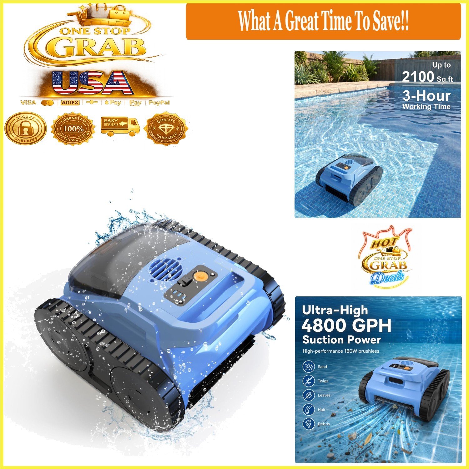 Cordless Robotic Pool Cleaner for Inground Pools 180Min Runtime Wall Climbing