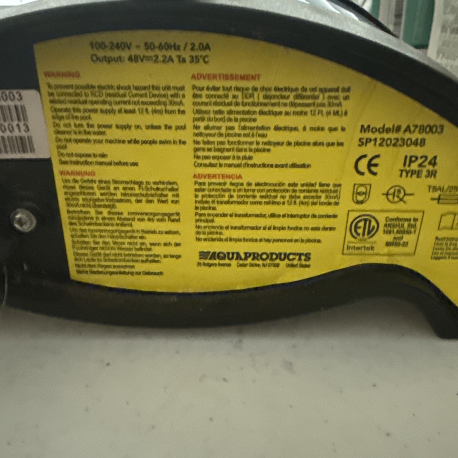 Aqua Products AquaBot Replacement Power Supply With Cord Model A78003