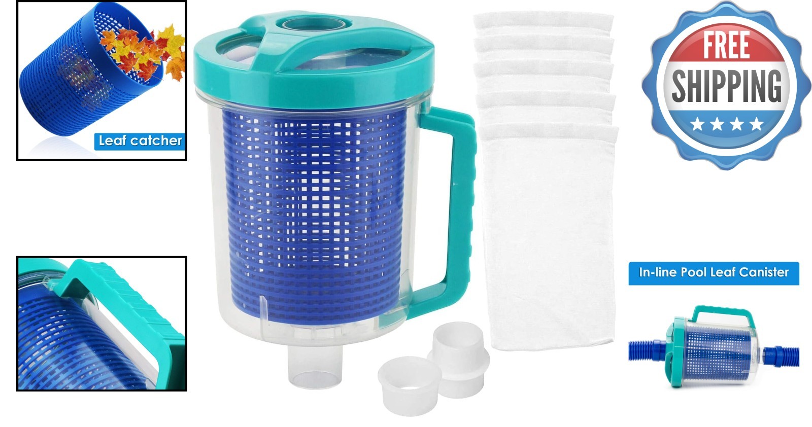 Portable Pool Leaf Canister with Clear Design & 5 Skimmer Socks – Solar Powered