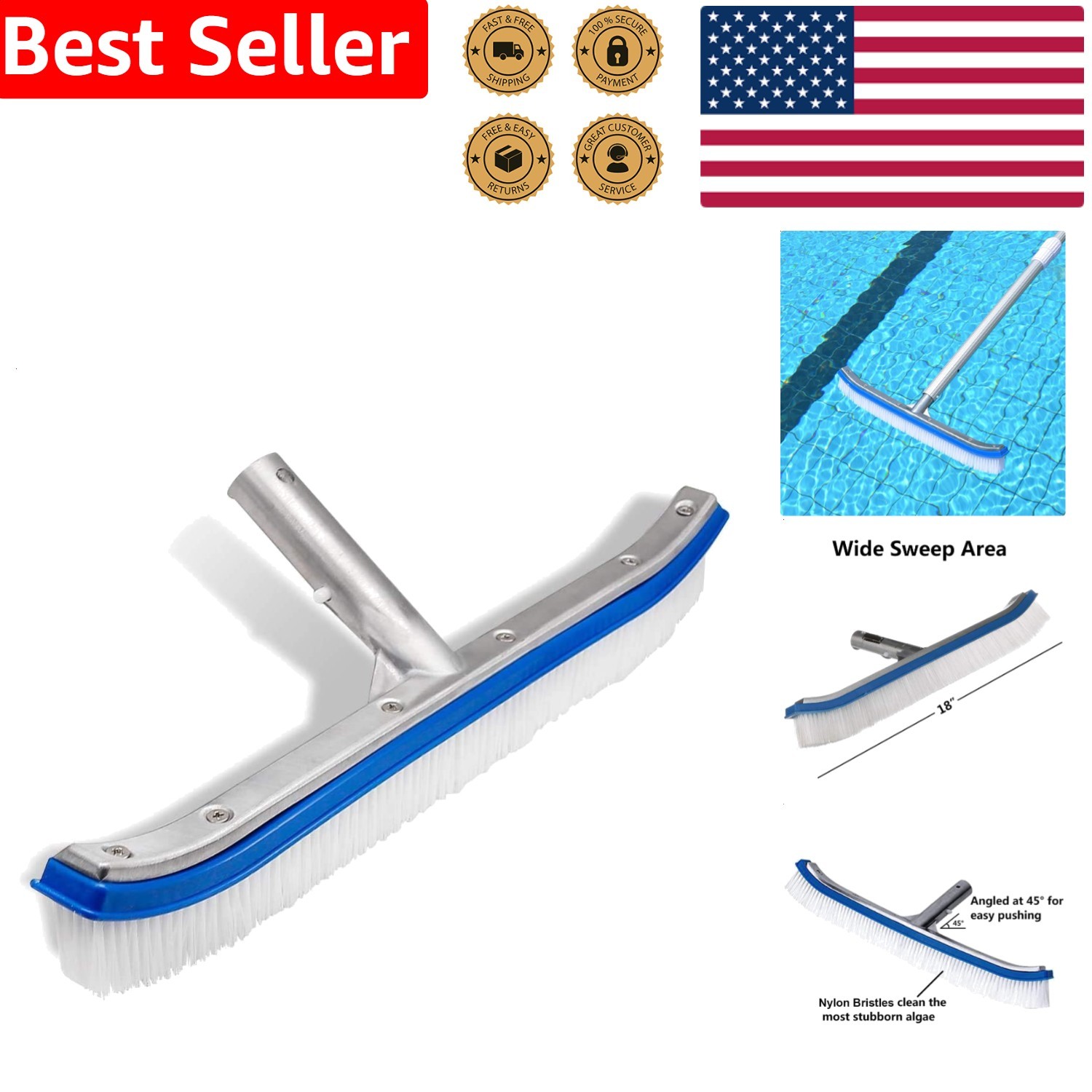 Pool Cleaning Brush – Aluminum, Flexible Nylon Bristles, EZ Clip System