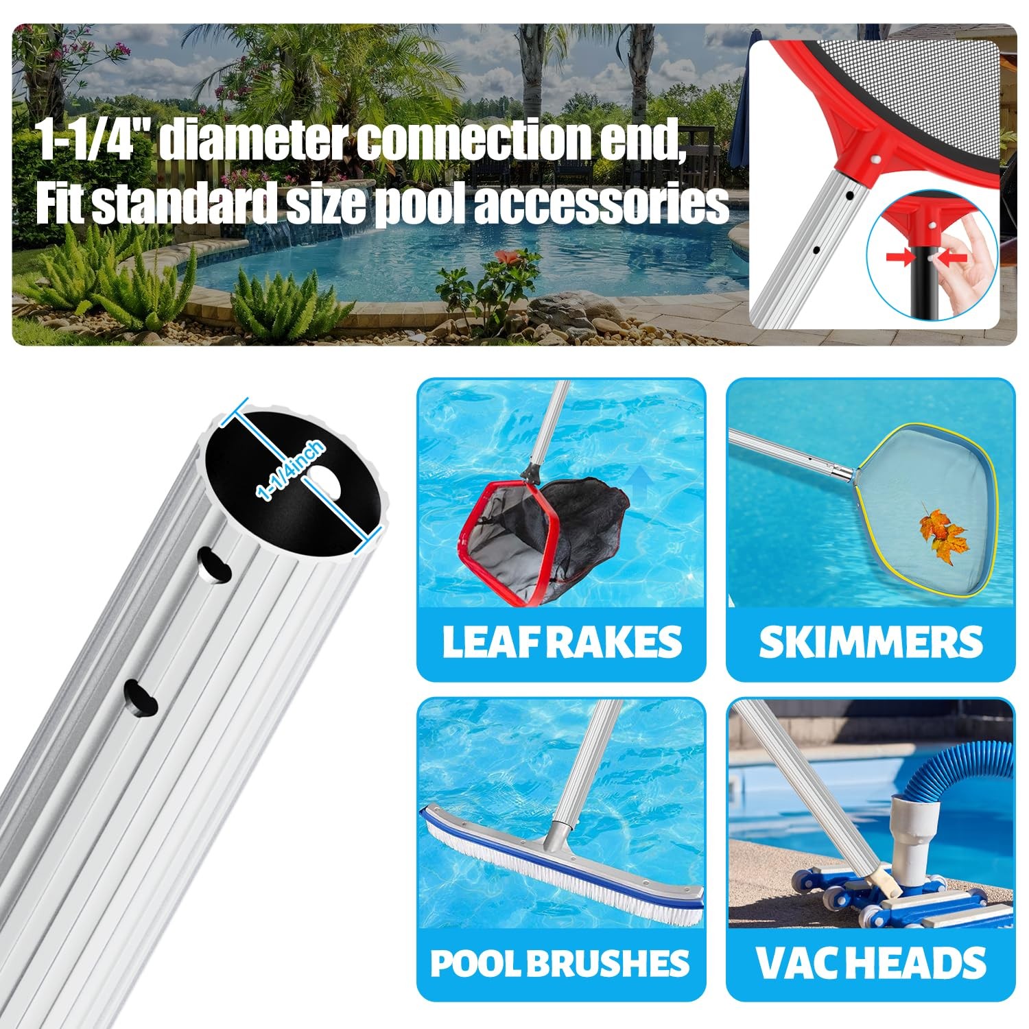 Professional 15 Foot Swimming Pool Pole Telescopic Aluminum Fits Pool Net Ski…