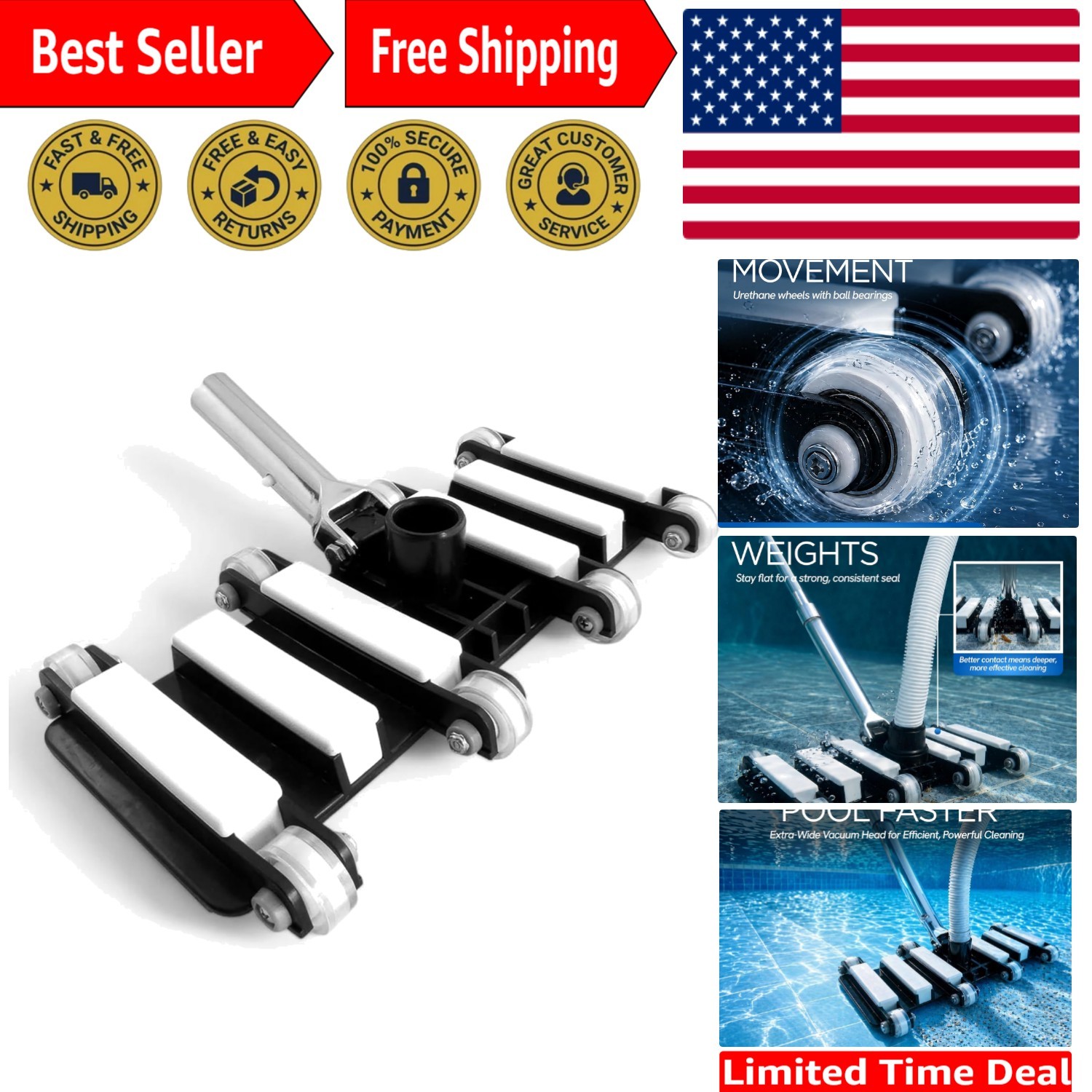 Flexible 14.4&Prime; Pool Vacuum Head with Urethane Wheels – Universal 1.5&Prime; Hose Fit