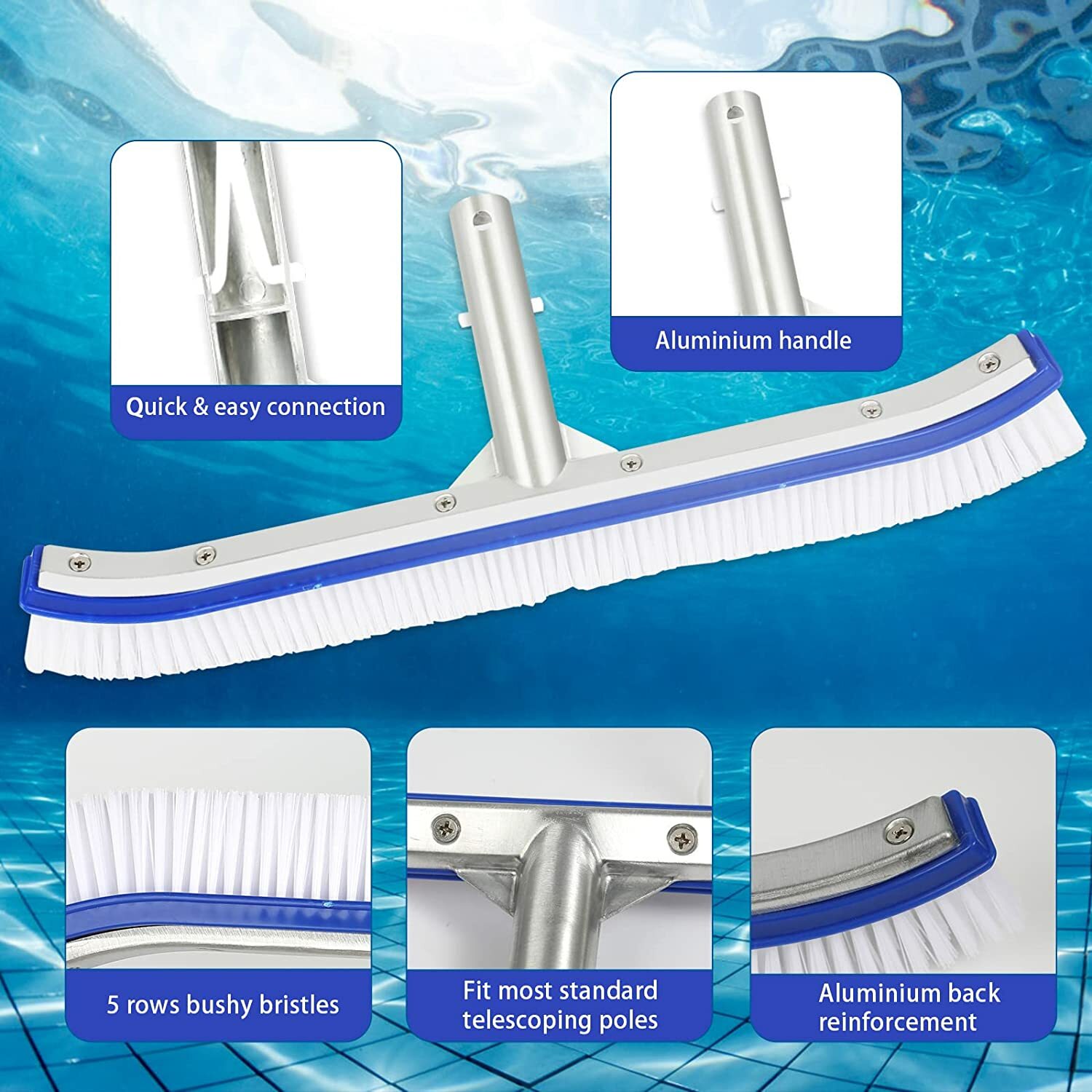 18&Prime; Curved Wall Floor Brush w/Aluminum Handle for In/Above Ground Swimming Pool
