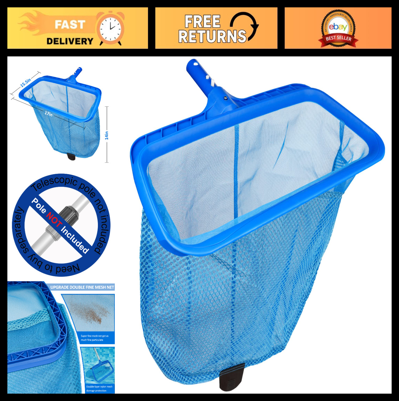 Fine Mesh Swimming Pool Skimmer Net – Heavy-Duty Leaf Rake with Deep Bag, Durabl