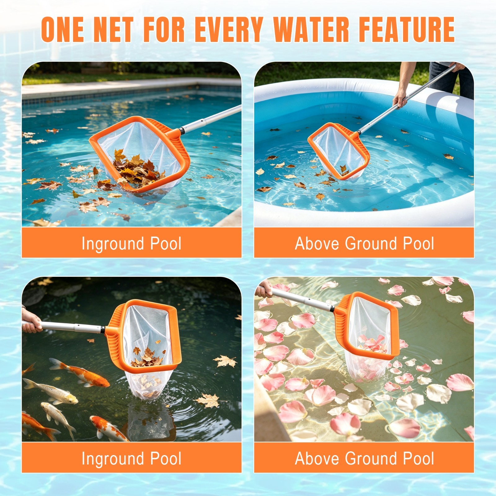 Pool Skimmer Net, Heavy Duty Swimming Pool Leaf Rake Plastic Frame w/ Nylon Mesh