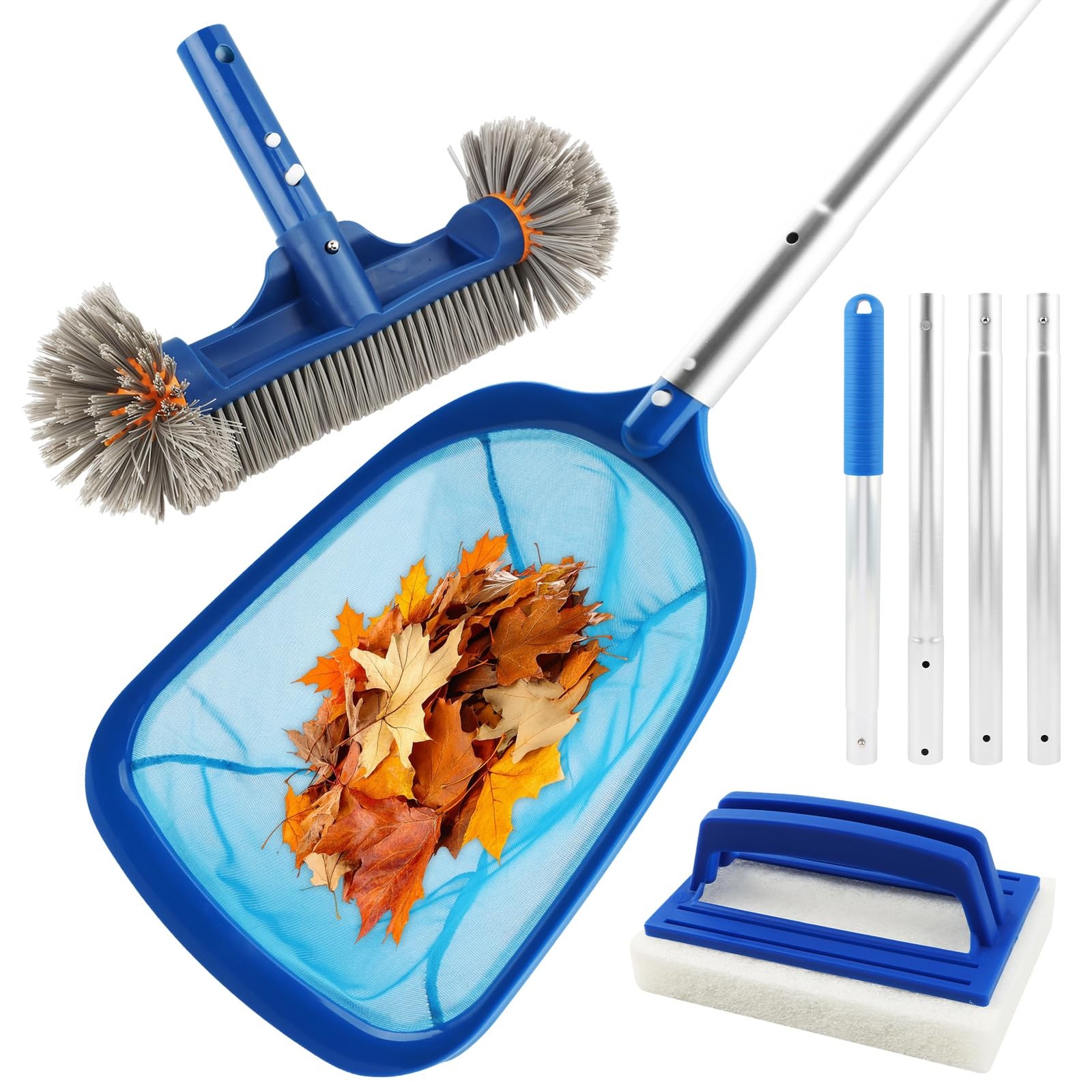 Swimming Pool Cleaning Kit Adjustable Pole, Skimmer Net, Sponge Scrubber