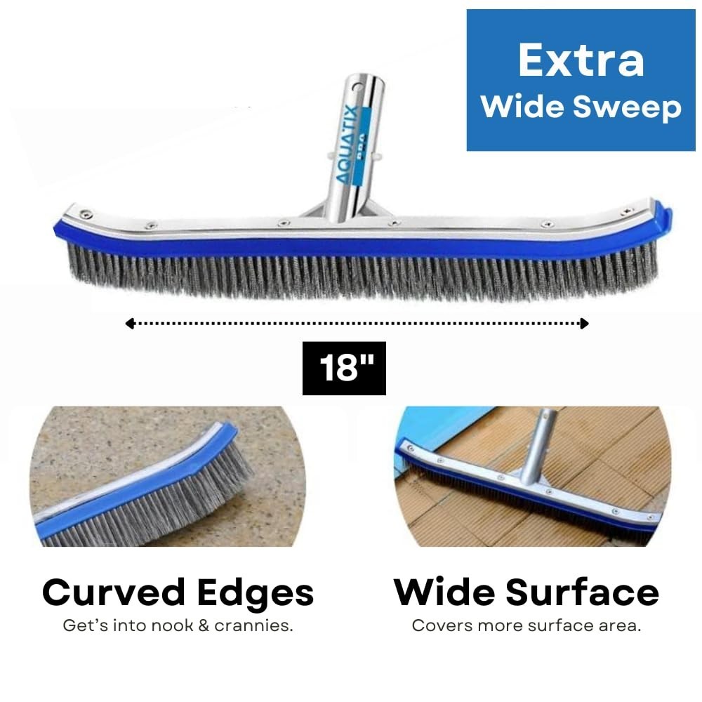 18&Prime; Heavy Duty Pool Brush Head – Stainless Steel Bristles, Curved Ends, EZ Clip,