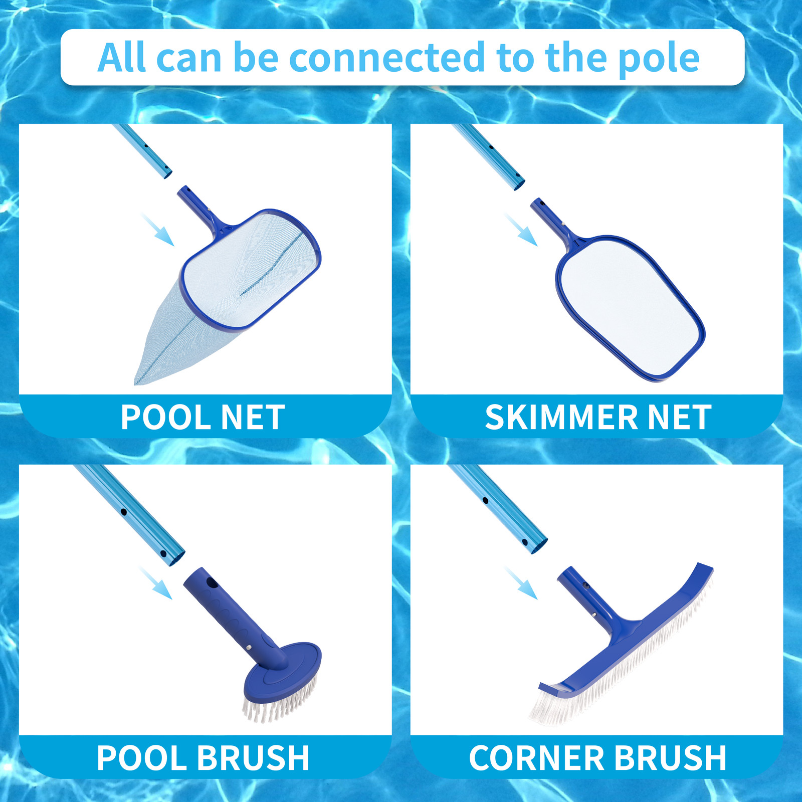 Portable 3 PCS Swimming Pool Cleaning Maintenance Set with Net, Brush