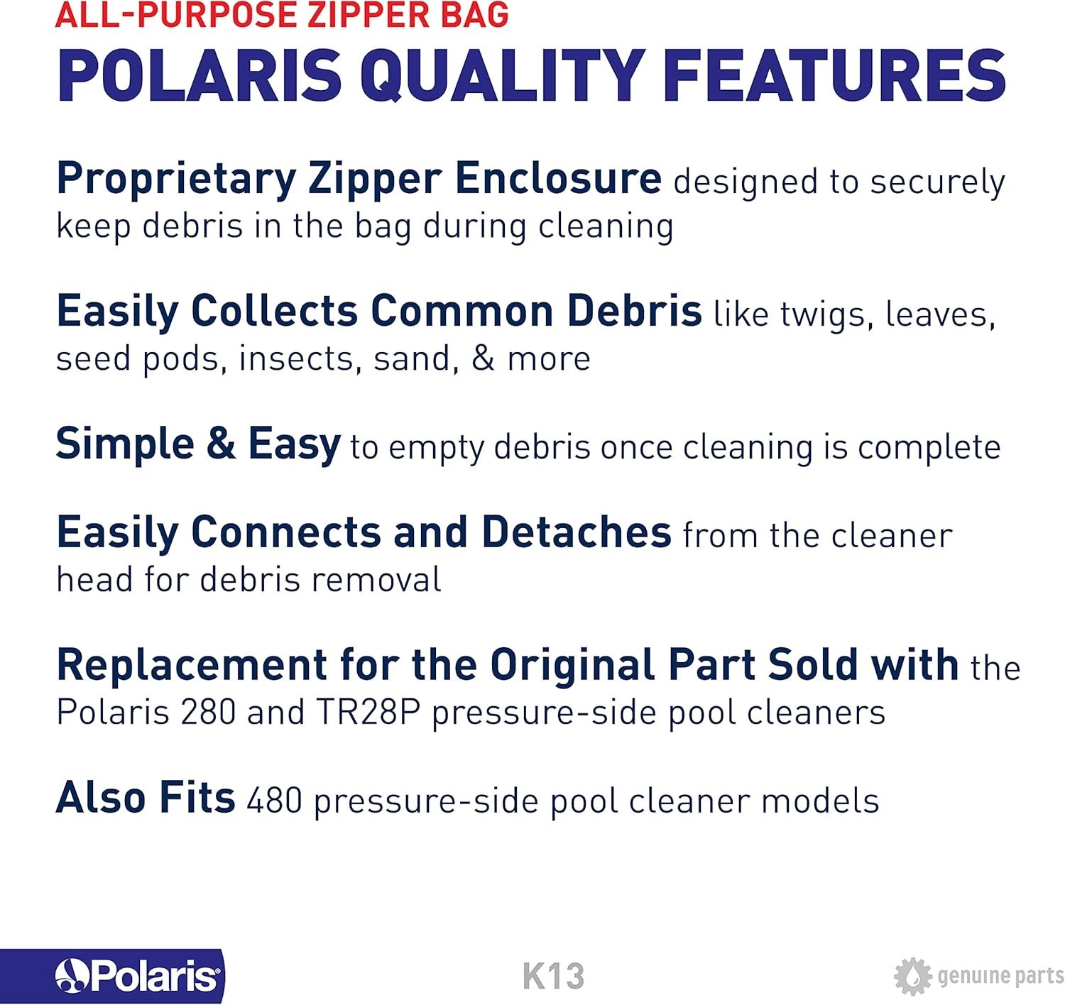 High-Efficiency K13 Zipper Debris Bag for Pressure-Side Pool Cleaners – 1 Count