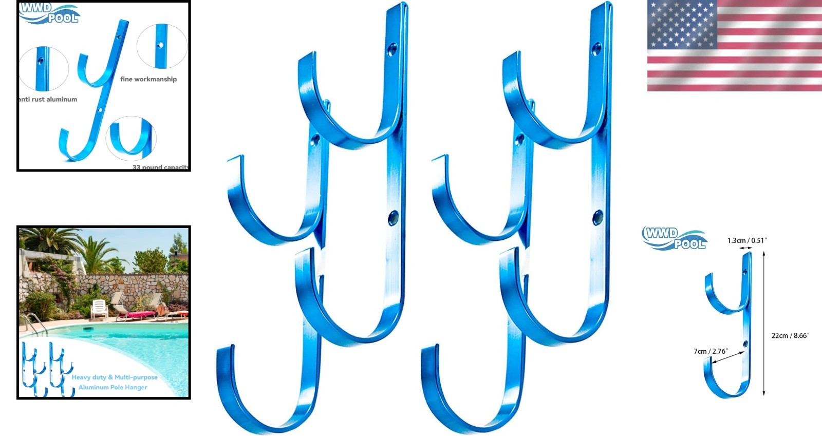 Versatile 2-Pack Aluminum Pool Hanger – Rust-Resistant 4 Hook Design for Storage