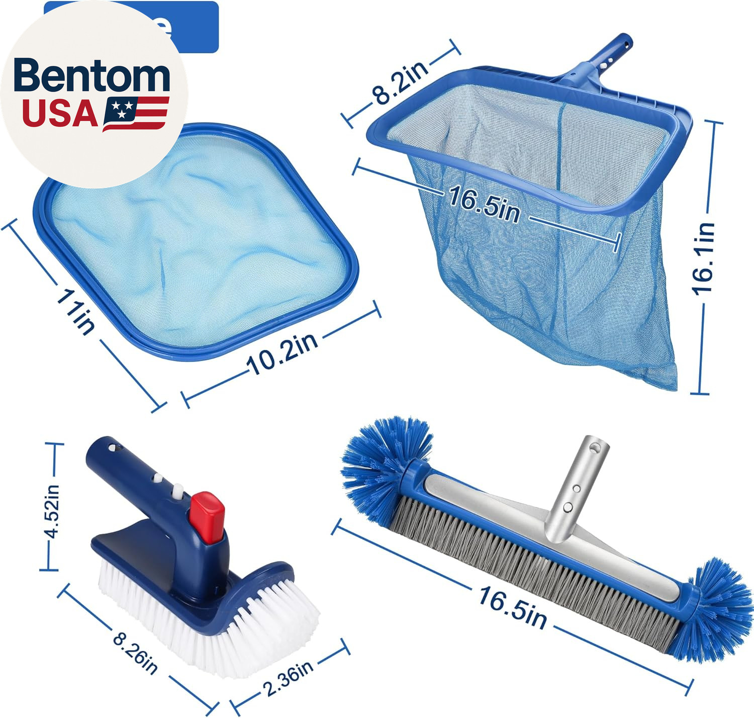 Pool Cleaning Kit Professional Heavy Duty Leaf Skimmer Net, Deep Bag Rake & Wall