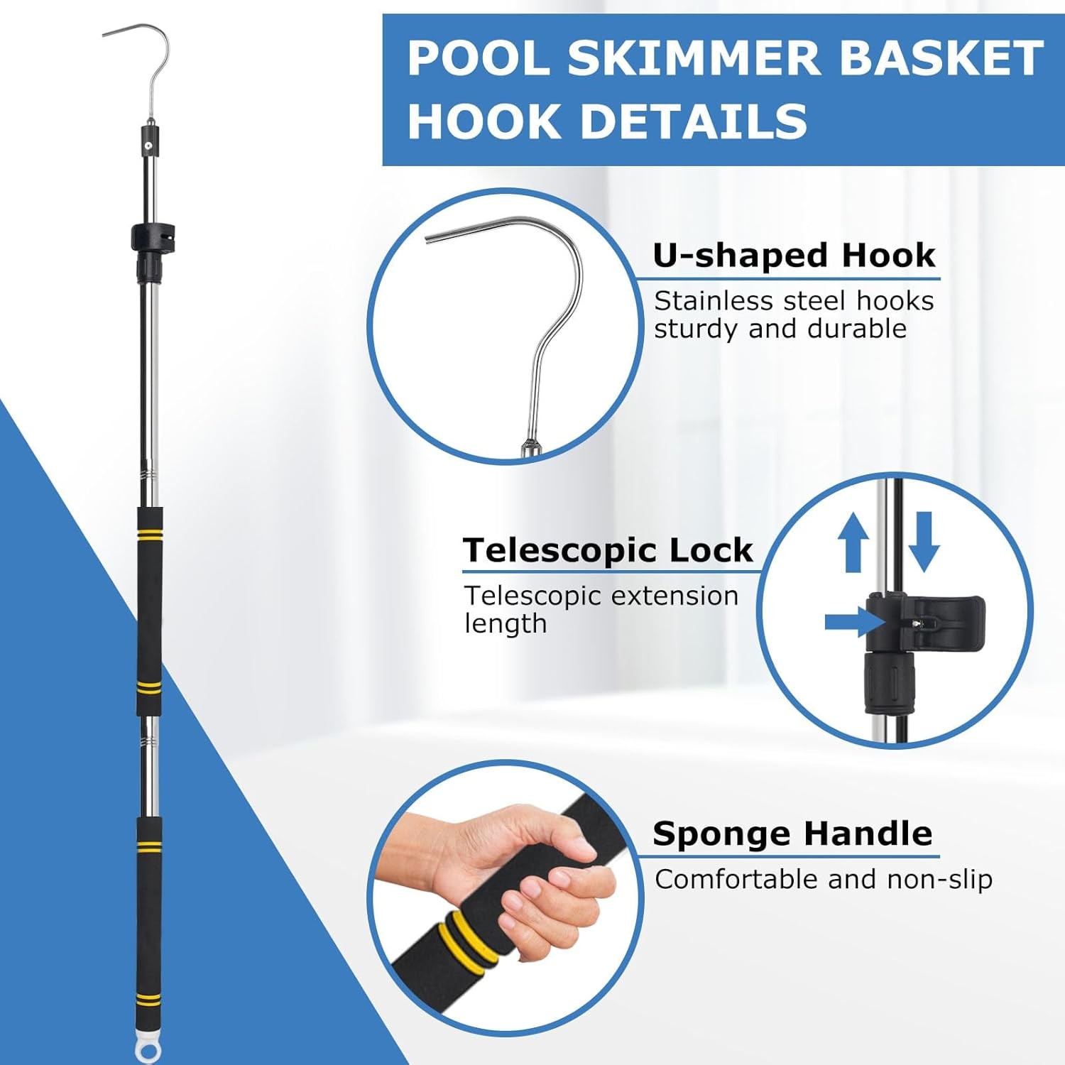 Pool Retrieval Hook for Robotic Pool Cleaner, 37&Prime; to 79&Prime; Pool Filter Basket Hook