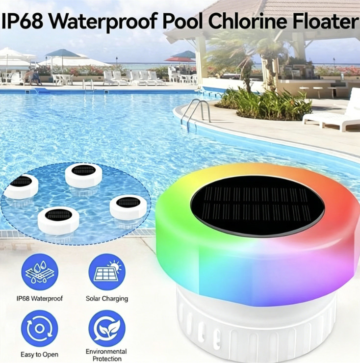 Solar Powered Pool Chlorine Floater With LED Lights Automatic Tablet Dispenser