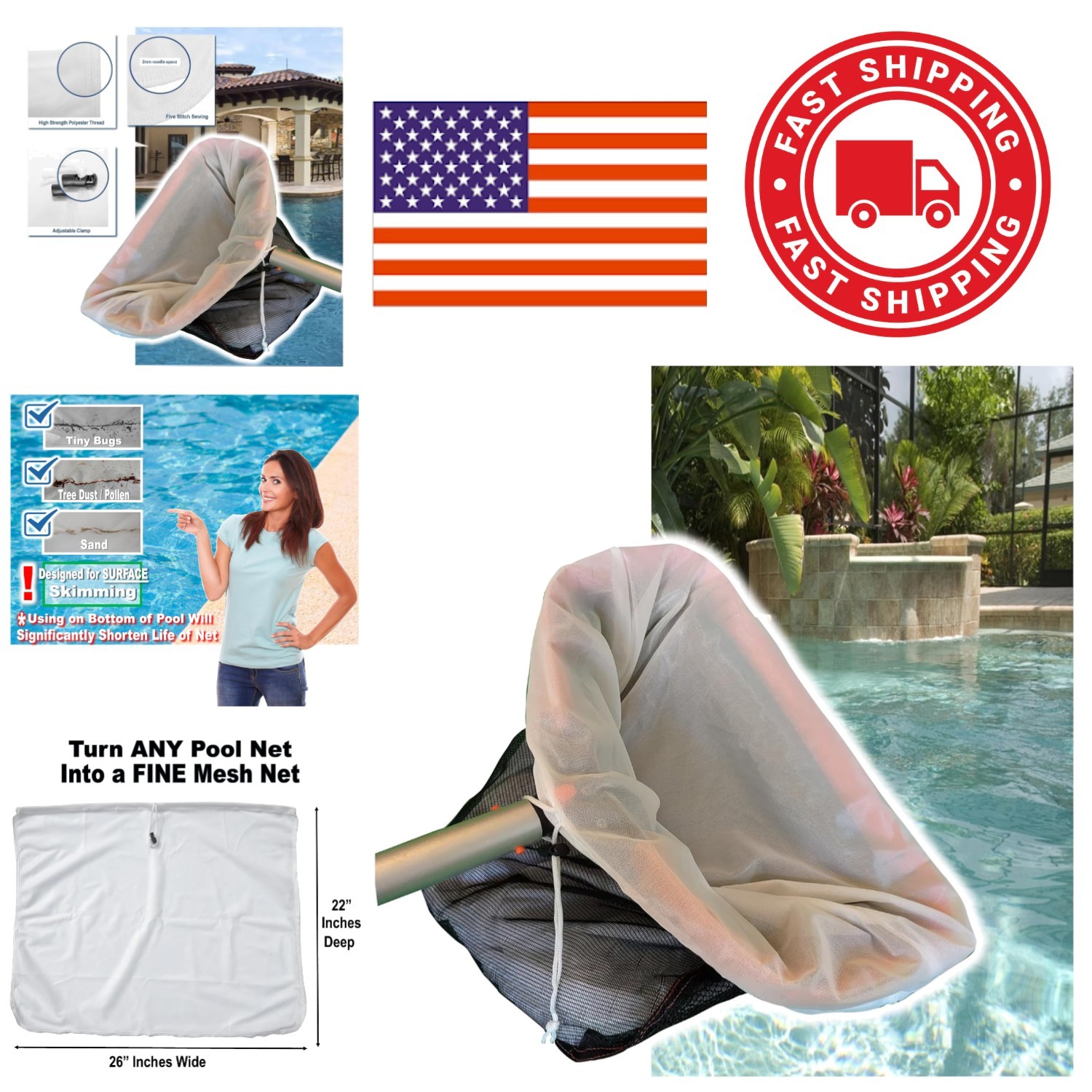 Durable Fine Mesh Pool Net Insert Transforms Any Deep Skimmer for Easy Cleaning