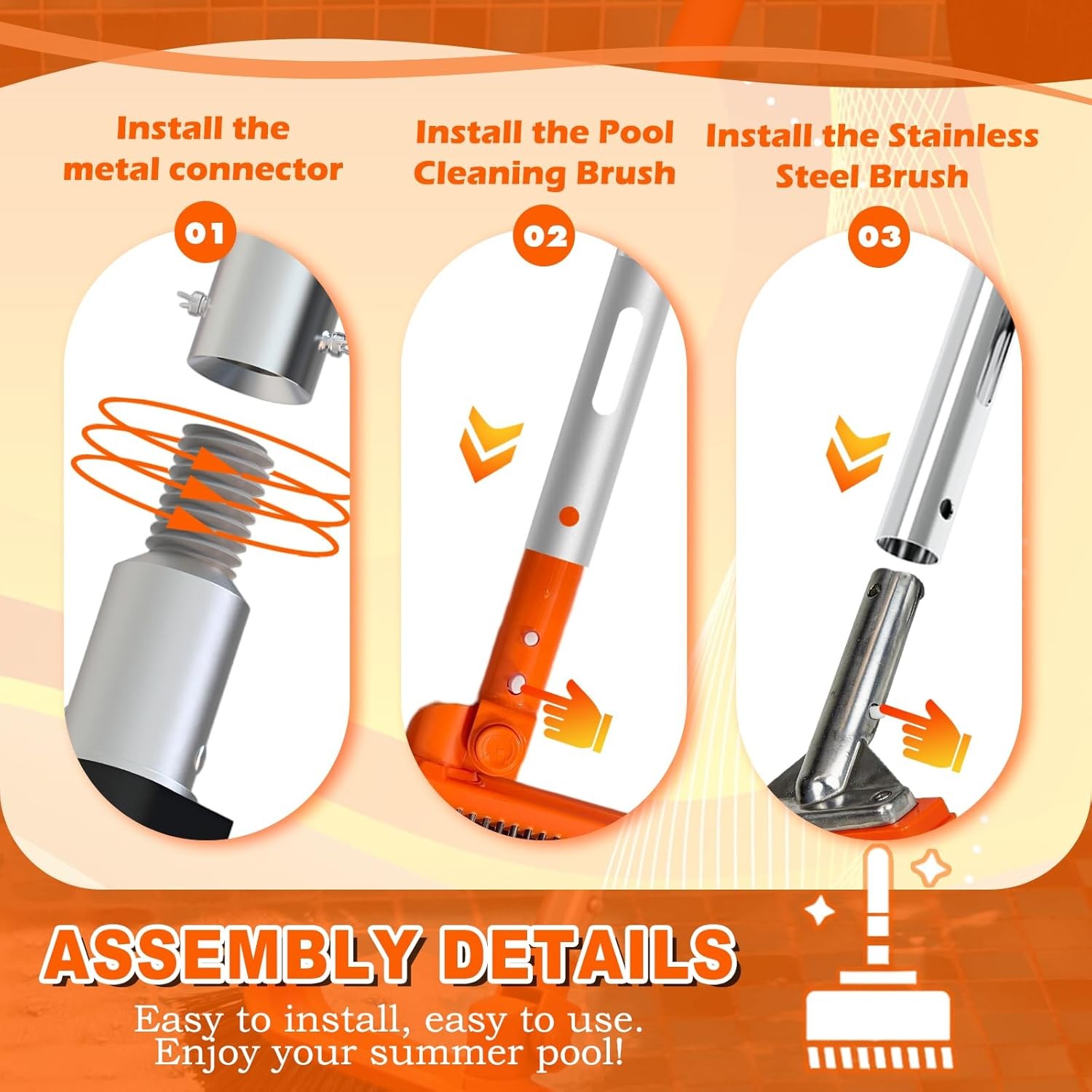 SISIUPASSIE Pool Brush Kit with Pole, Upgrade 18" Pool Brush and