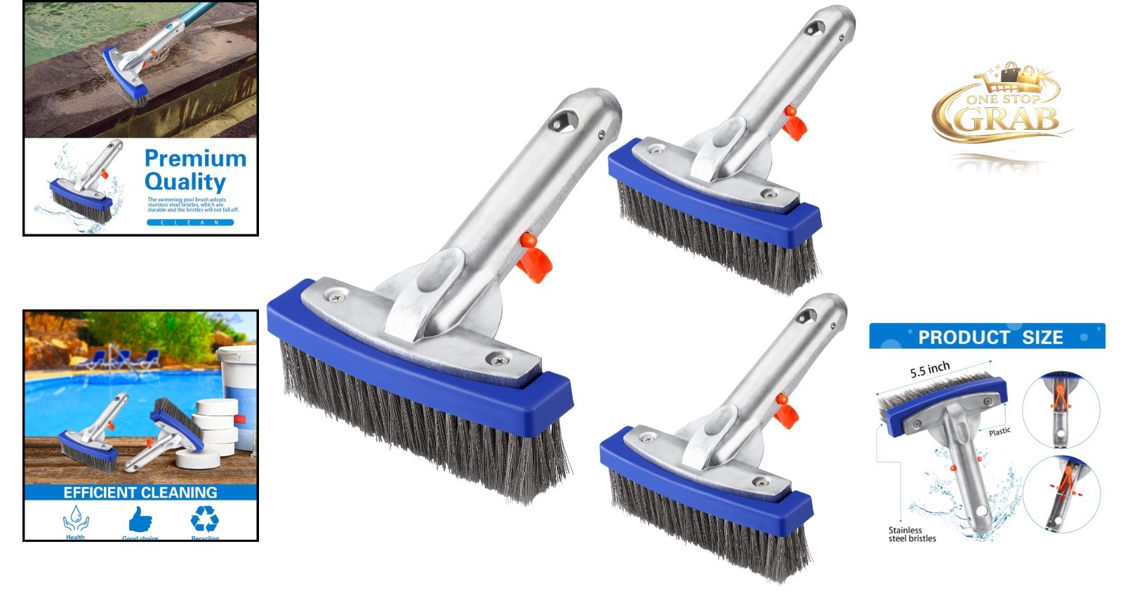 3 Pcs 5.5-Inch Stainless Steel Pool Brush Heavy Duty Algae Cleaner with Alumi…