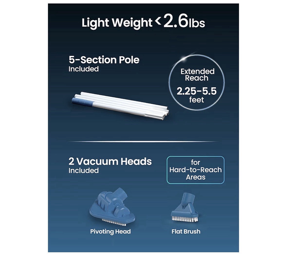 KOKIDO (2025) Rechargeable Handheld Pool Vacuum, Aluminum Pole and 2 Brush