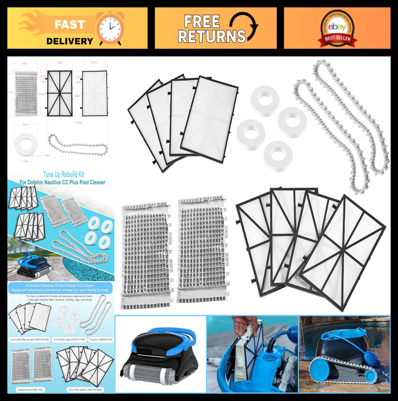 Robotic Pool Cleaner Tune-Up Kit – Ultra Fine Filter Panels, Grey Brushes, Track