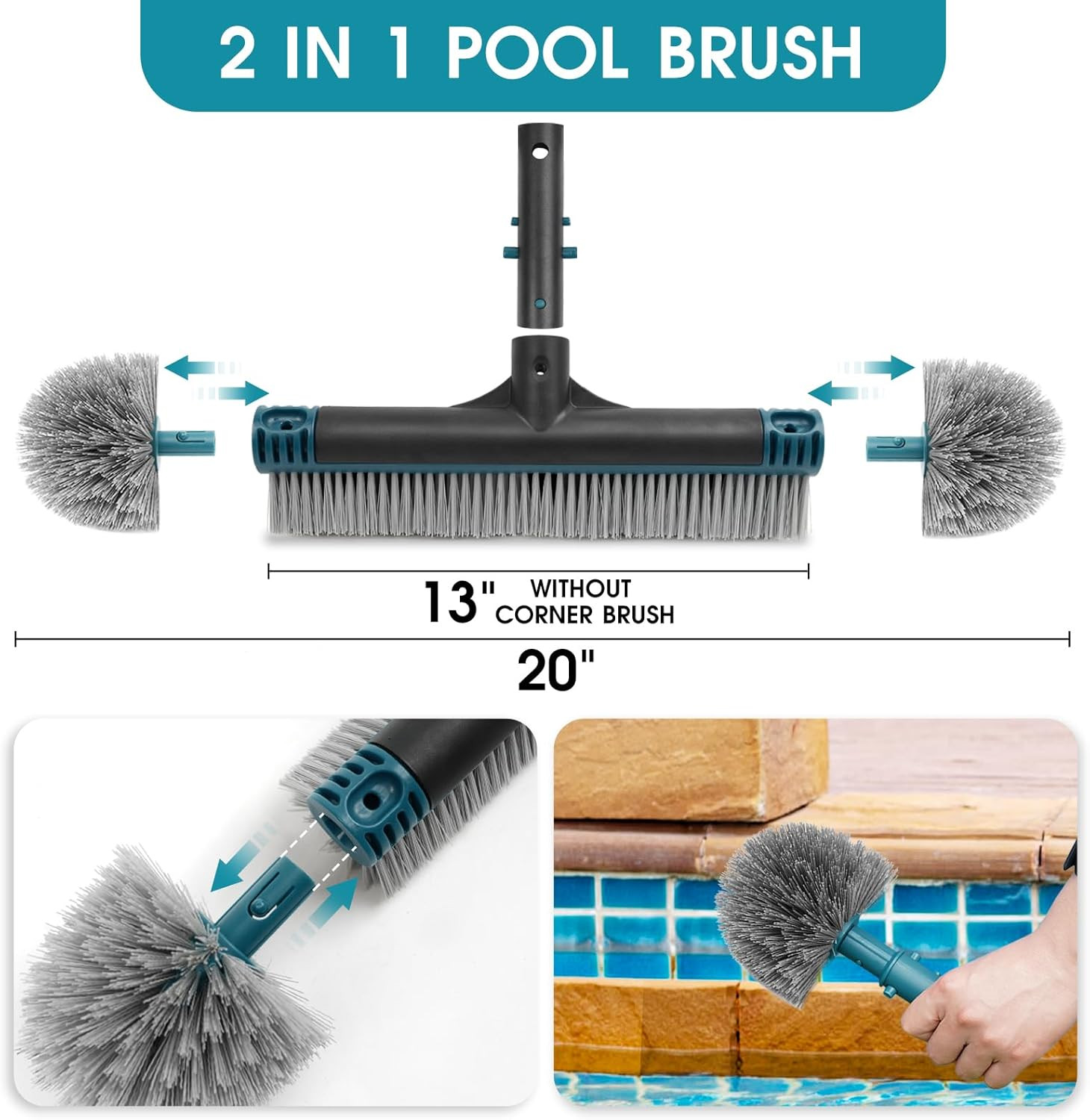 20 » Pool Brush Head, Detachable Pool Cleaning Brush with Durable around Nylon B