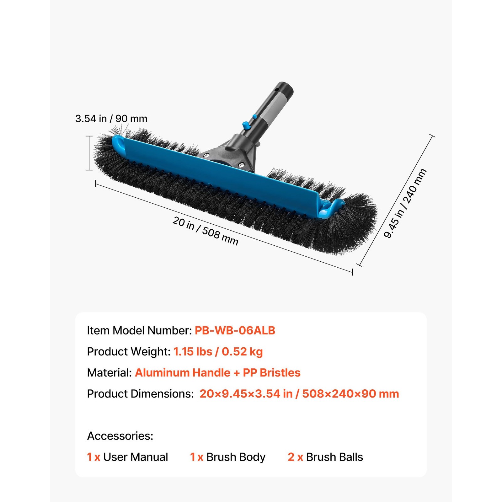 Pool Brush Head, 20 Inch Scrub Brushes with Nylon Bristles and Aluminum Pole Con