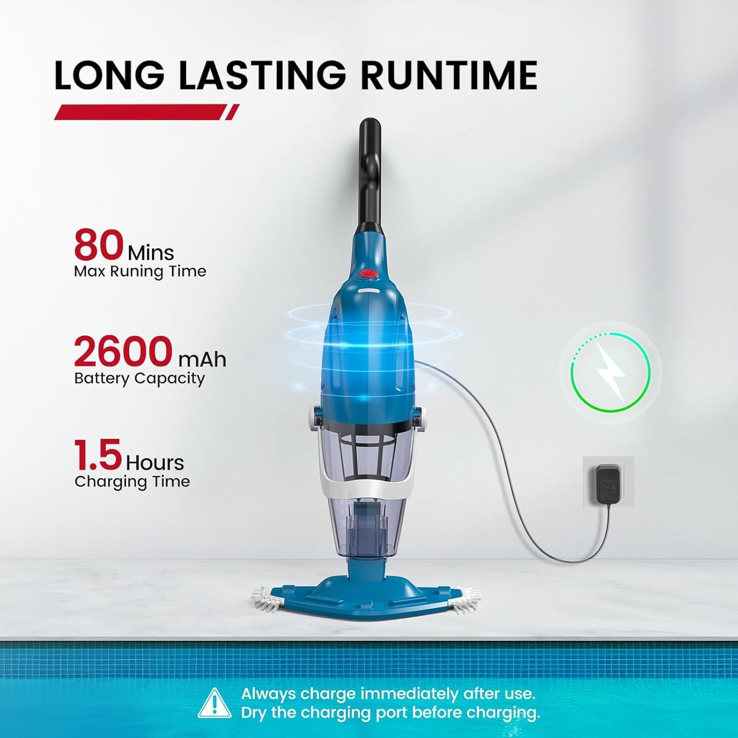 New 2026 Upgraded Pool Vacuum Cordless 80 Min Runtime Telescopic Pole Blue