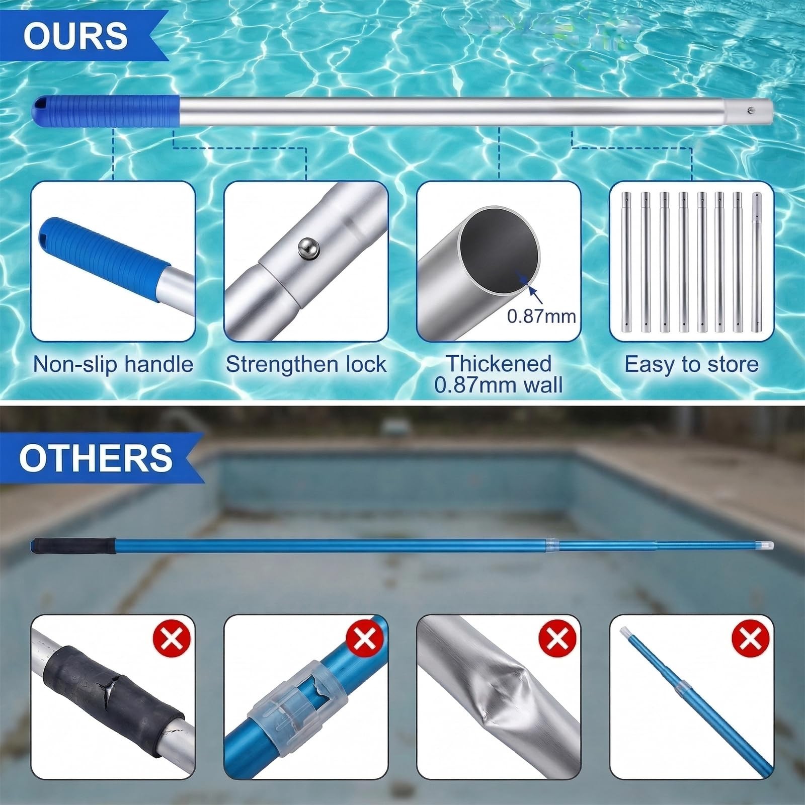 Telescopic 10ft Aluminum Pool Pole for Skimmer, Brush, Vacuum Head Cleaning