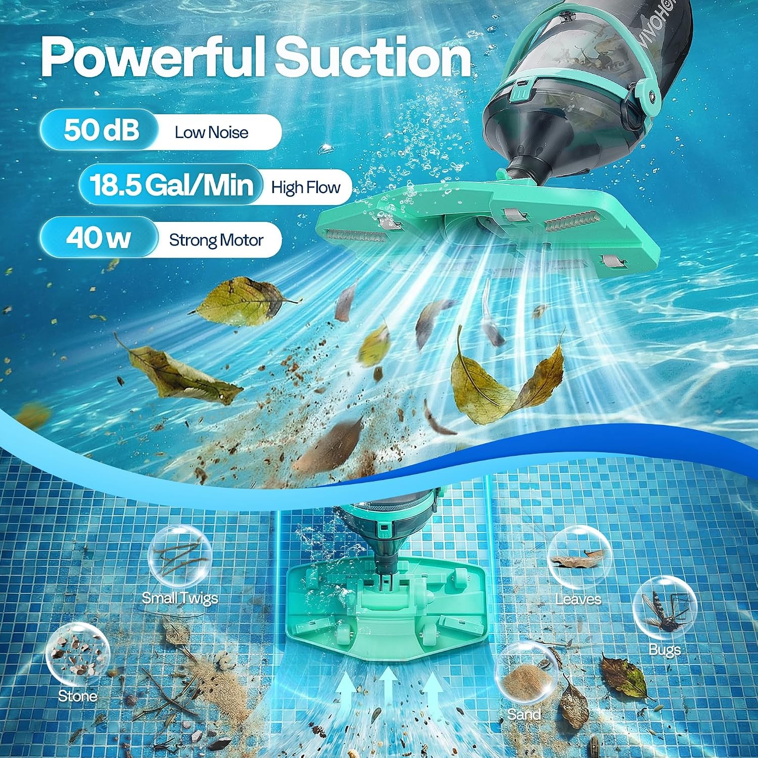 Handheld Pool Vacuum 1110 GPH Suction Cordless Pool Cleaner 40W Powerful Motor L