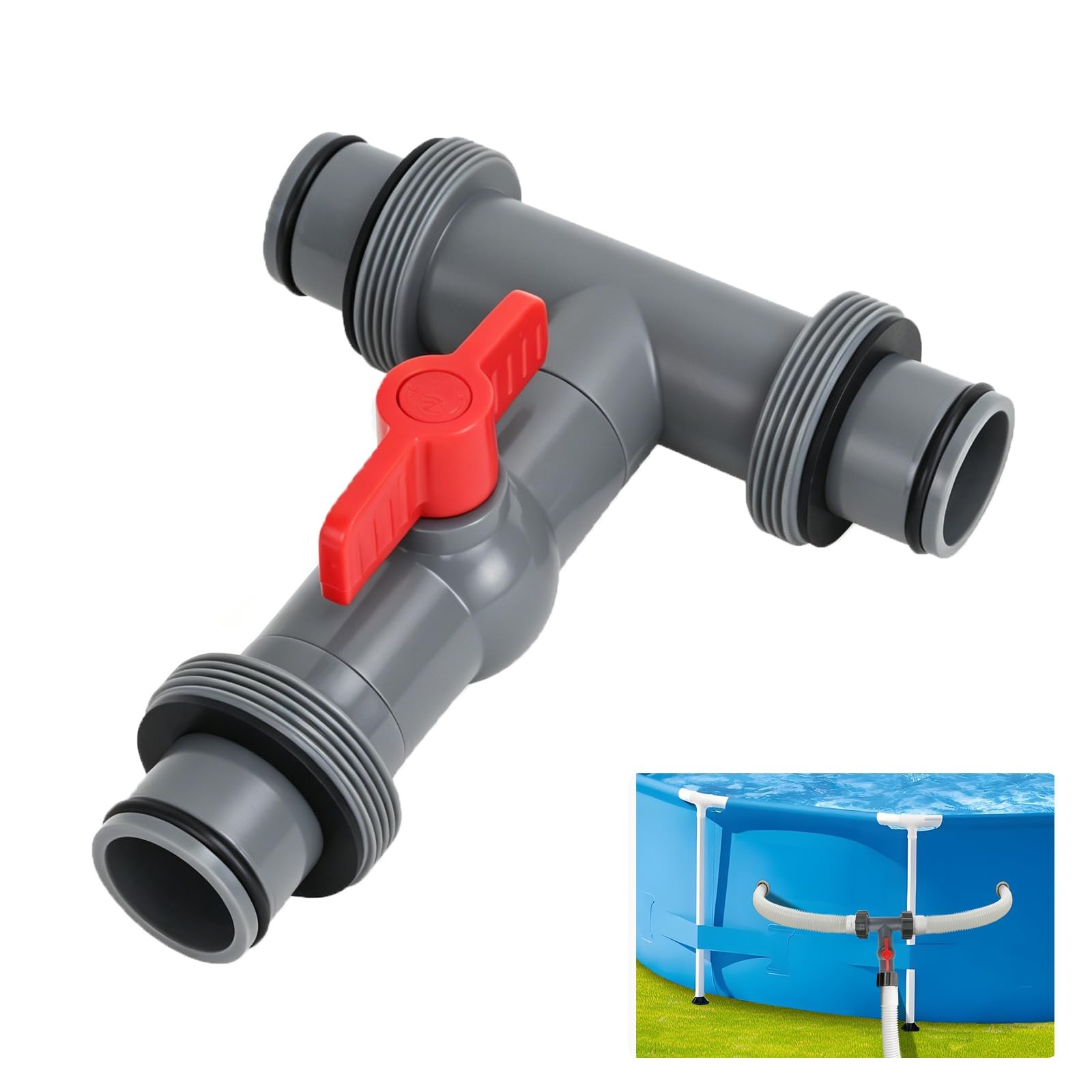 Pool Hose Tee with Valve, 1.5&Prime; to Gray