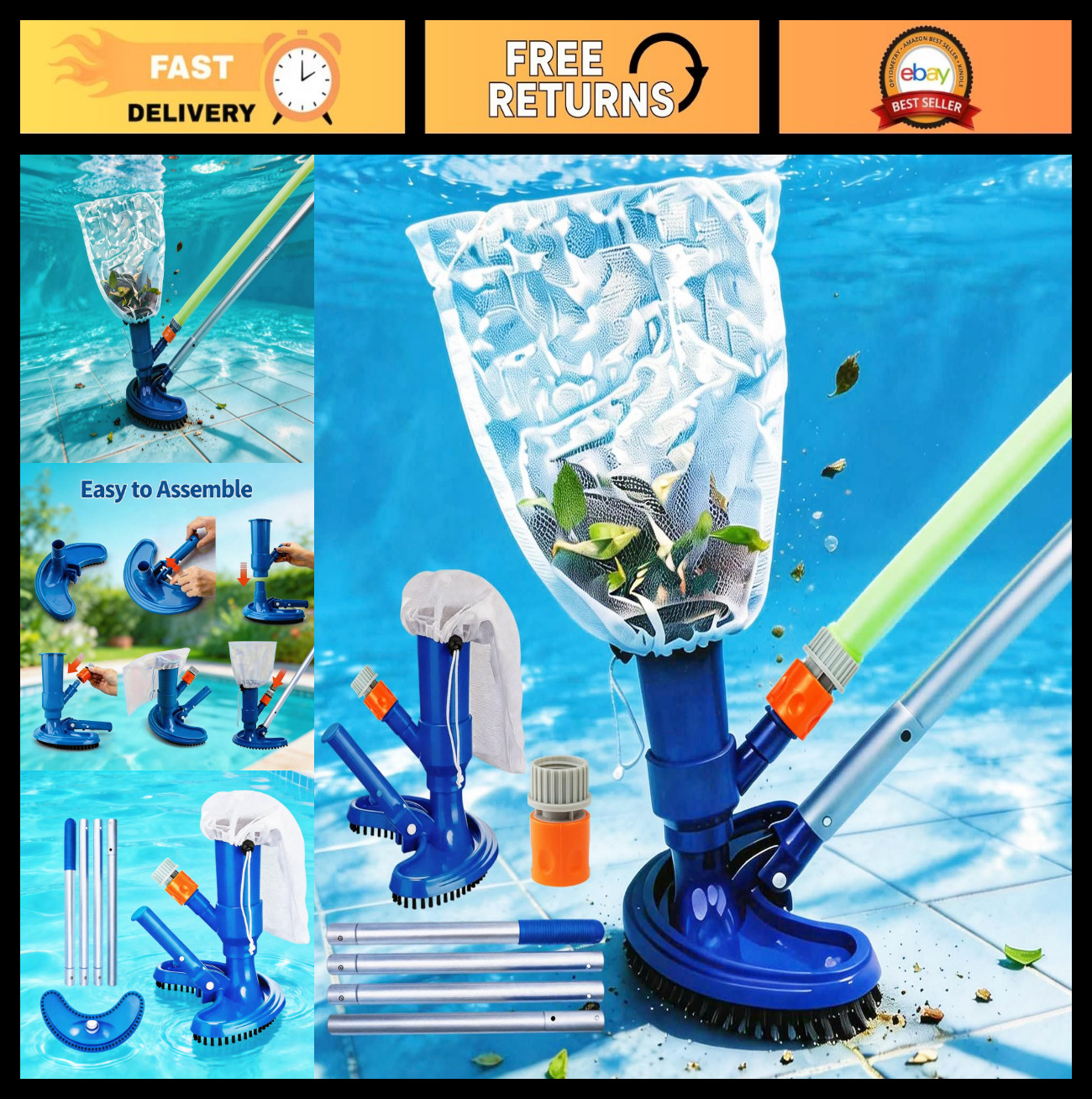 Handheld Pool Vacuum with 59&Prime; Pole – Garden Hose Powered, No Battery Needed, Und