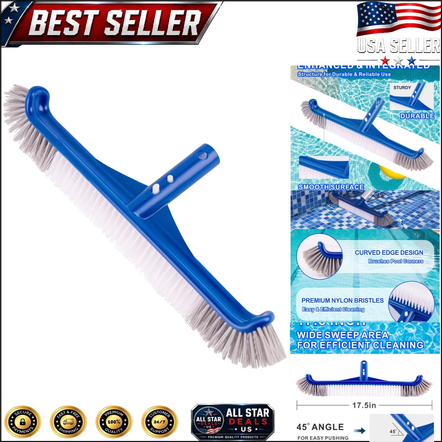 Pool Brush Head with Curved Edges for Safe and Efficient Cleaning