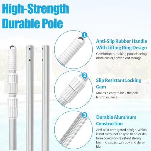 15ft Telescopic Aluminum Pool Cleaning Pole – Heavy Duty for Skimmer Nets & Vacu