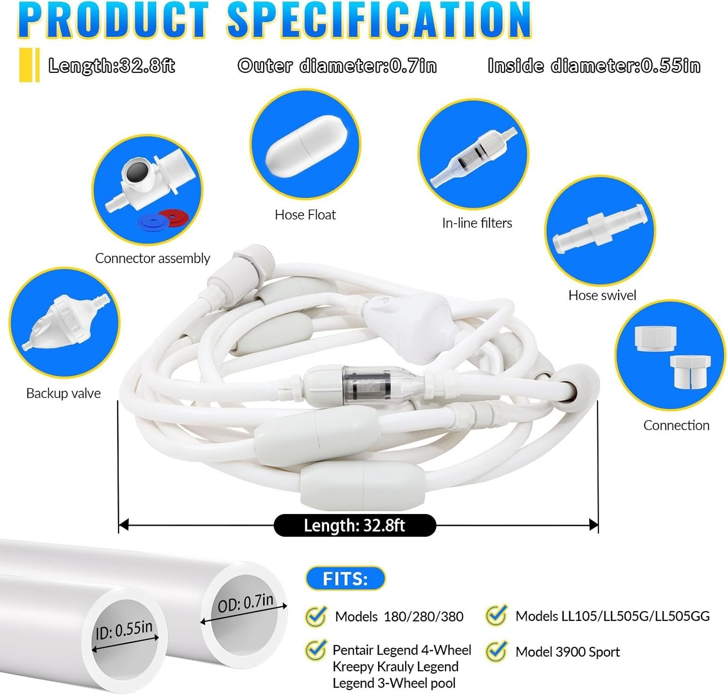 Pool Cleaner Feed Hose Replacement for Polaris 280, 380, 180, 3900