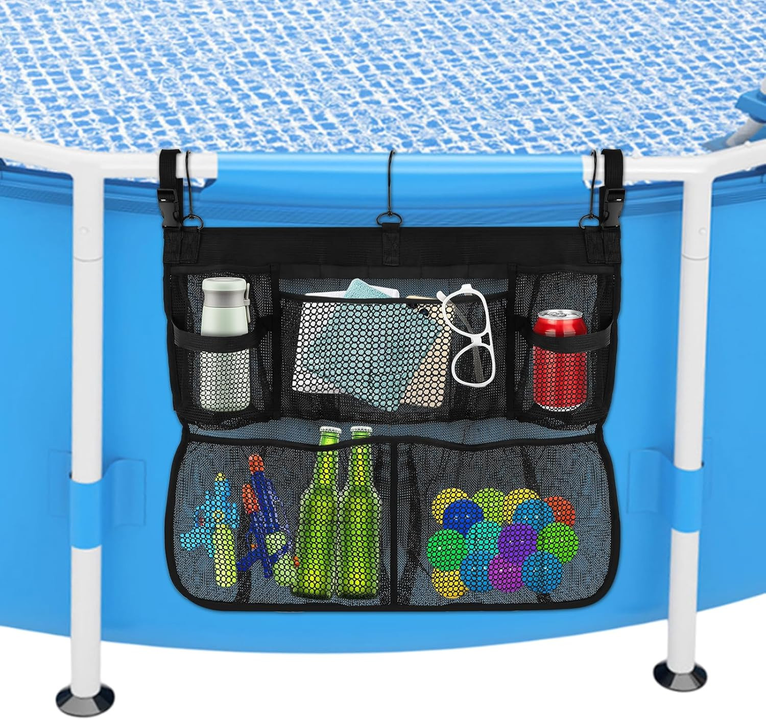 Pool Float Storage Net, above Ground Pool Hanging Organizer with 5 Mesh Pockets,