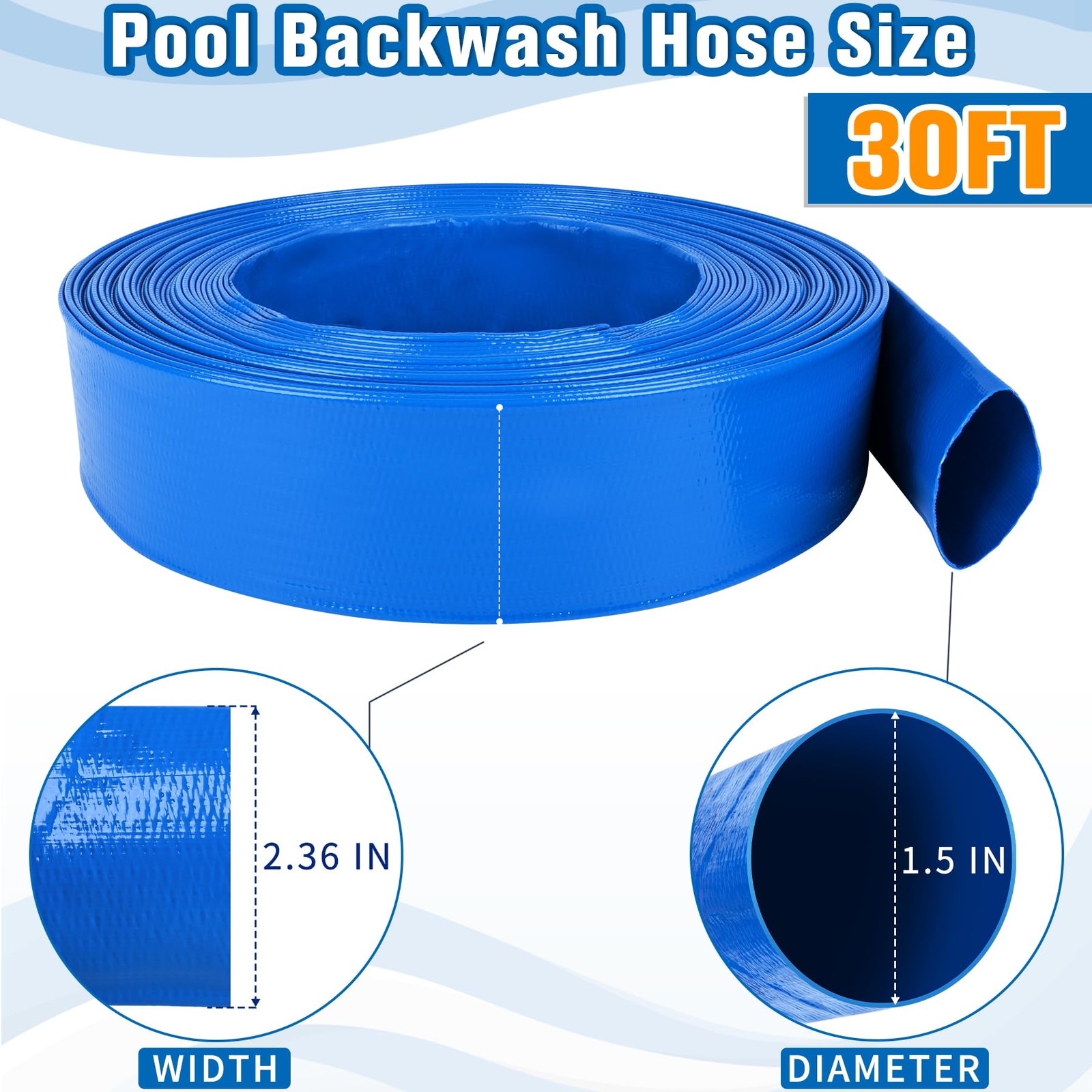 Pool Backwash Hose Heavy Duty Discharge Drain Pipe with 2 Clamps Water Transfer