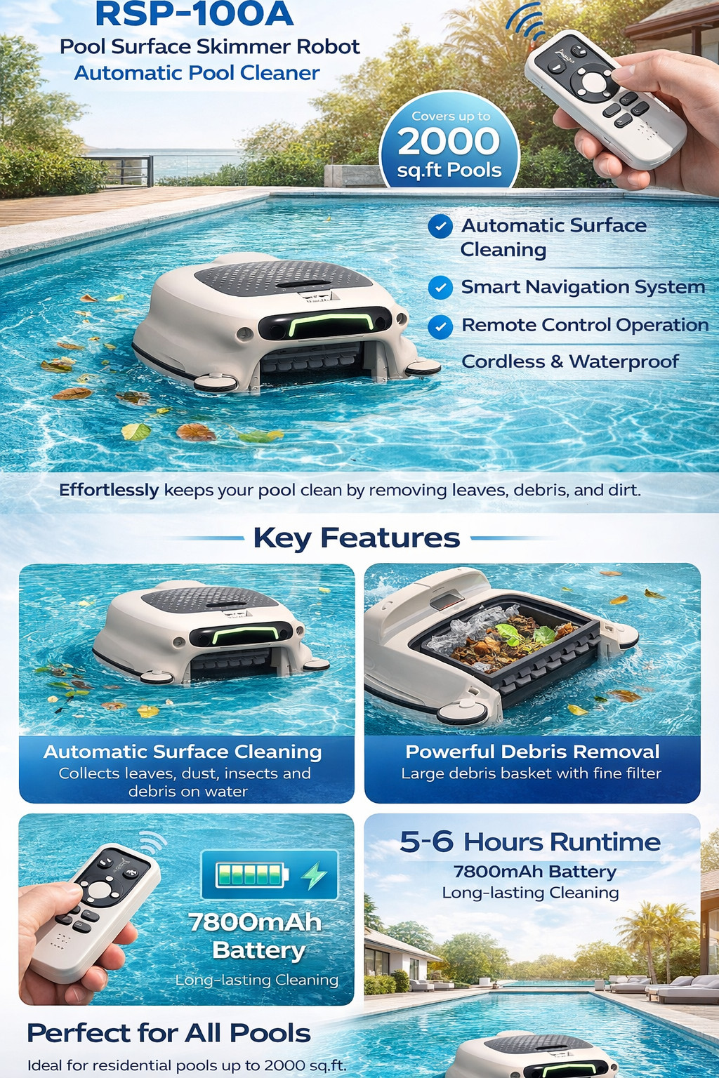 Pool Surface Skimmer Robot Automatic Pool Cleaner 2000sq.ft IPX7 Cordless Remote