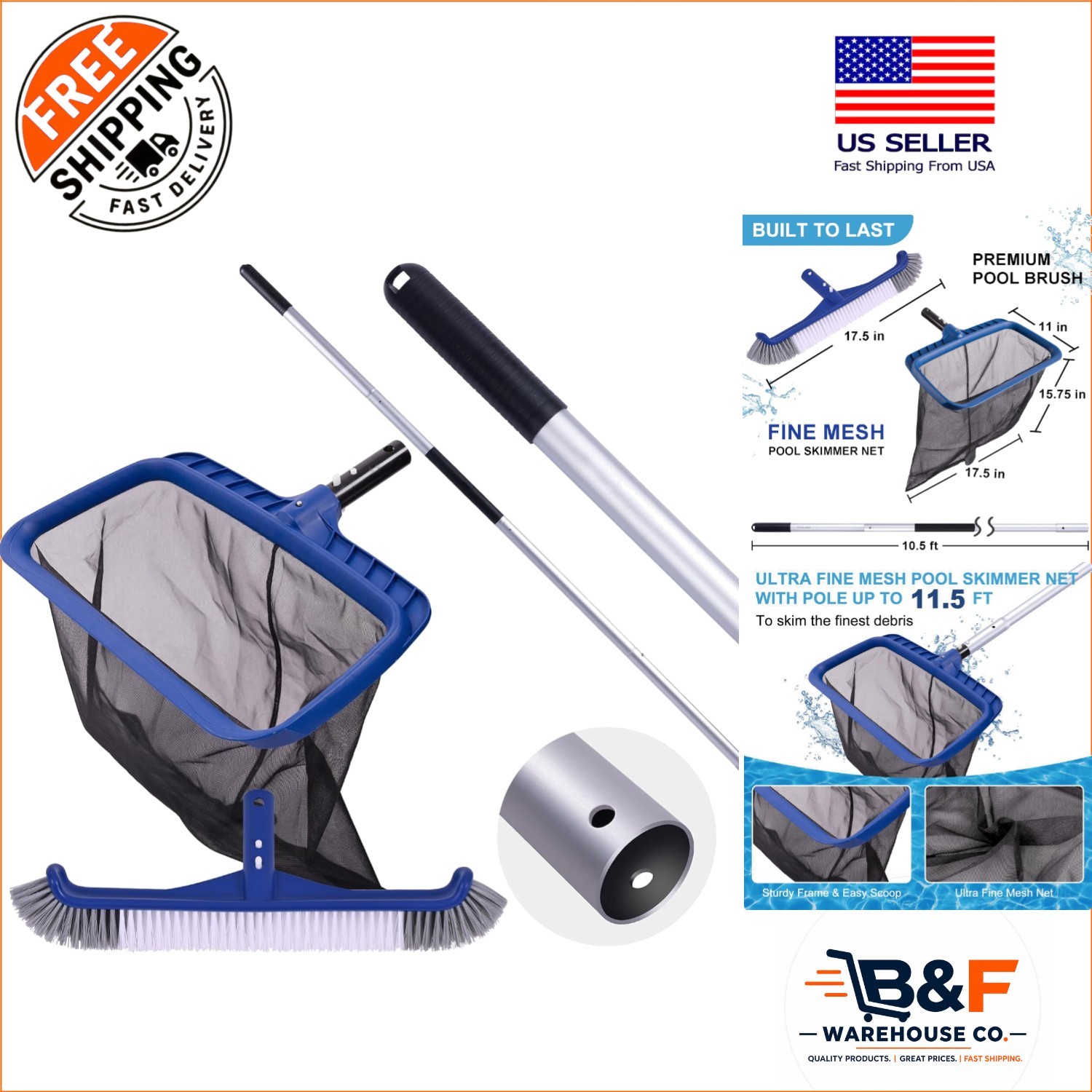 Efficient Pool Cleaning Kit: 17.5 » Brush, Ultra Fine Skimmer Net & 10.5ft Pole
