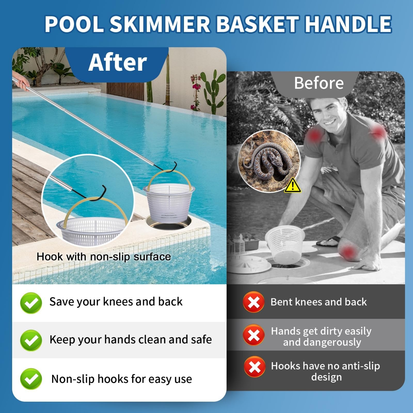 Adjustable 68&Prime; Pool Retrieval Hook & Aluminum Pole for Robotic Cleaners, Skimmer