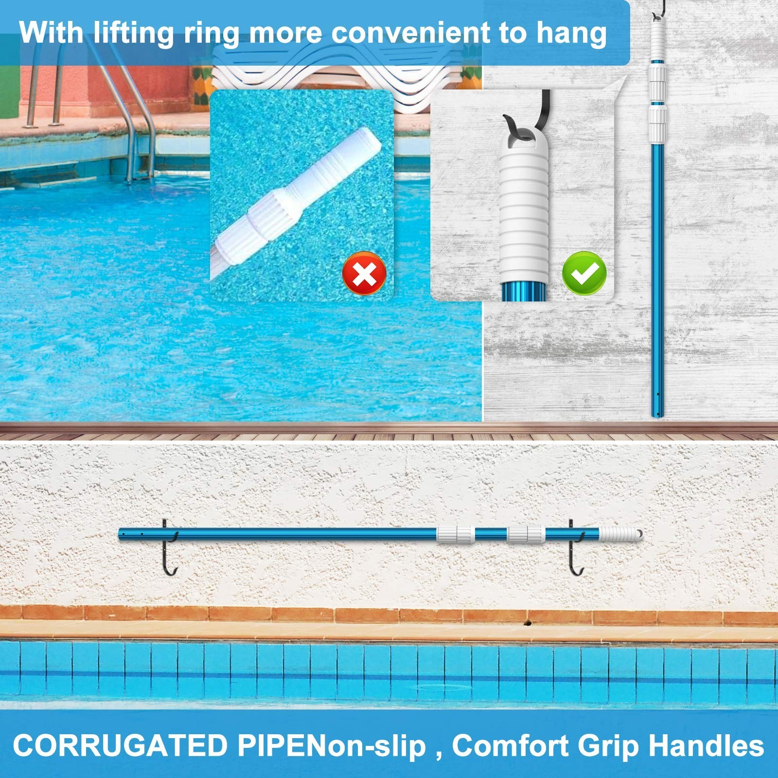 15ft Adjustable Aluminum Telescoping Pool Pole – 1.3mm Thick, Connects Skimmer N