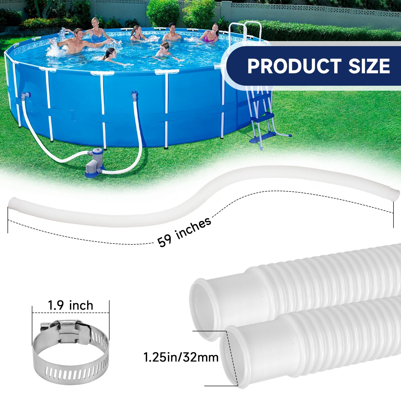 Pool Hoses for Above Ground Pools, 2 Pack 1.25 x 59 x 59 Inch, White