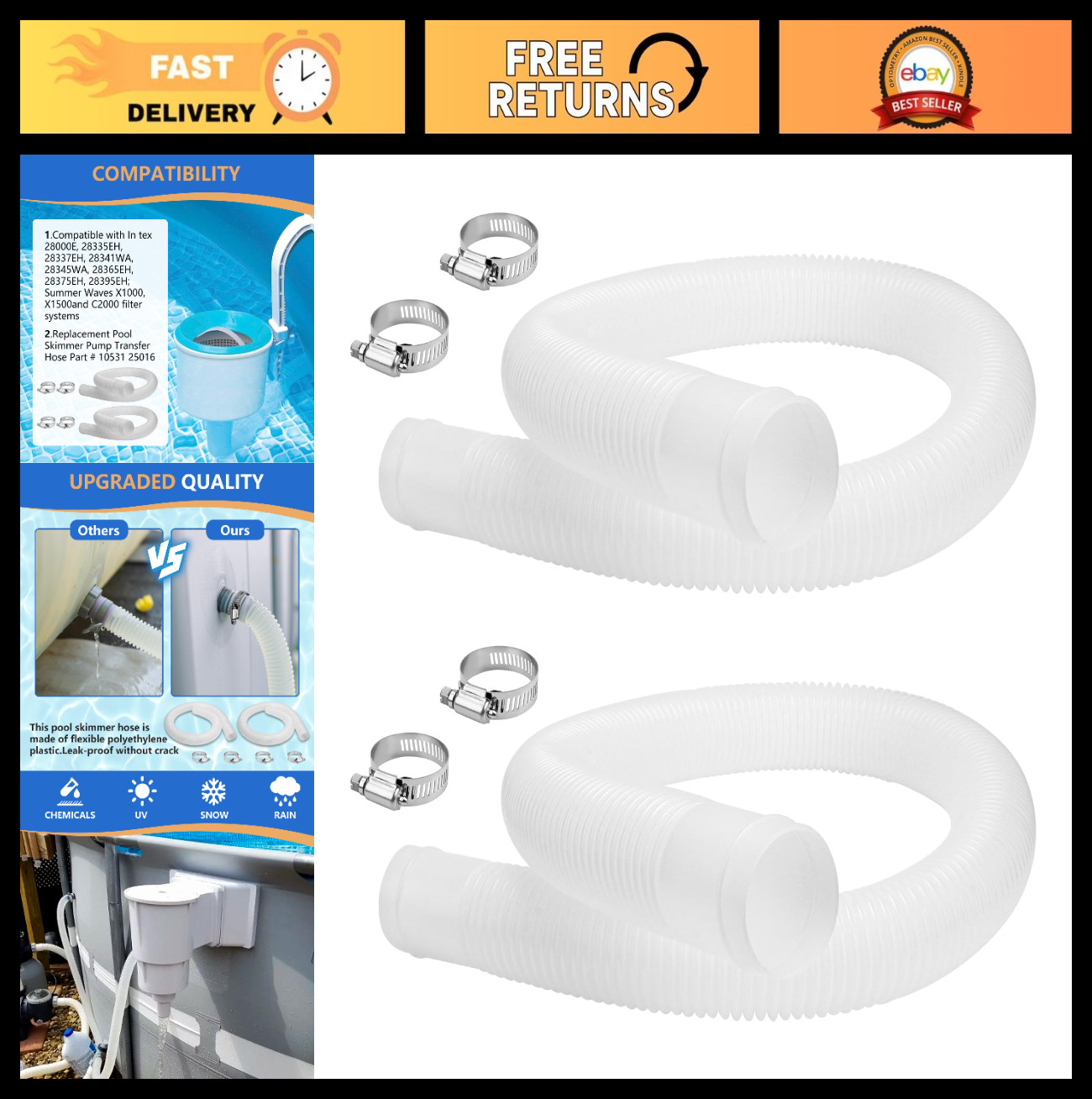 1.5&Prime; x 3ft Pool Skimmer Hose Replacement for Above Ground Pools – 2 Pack