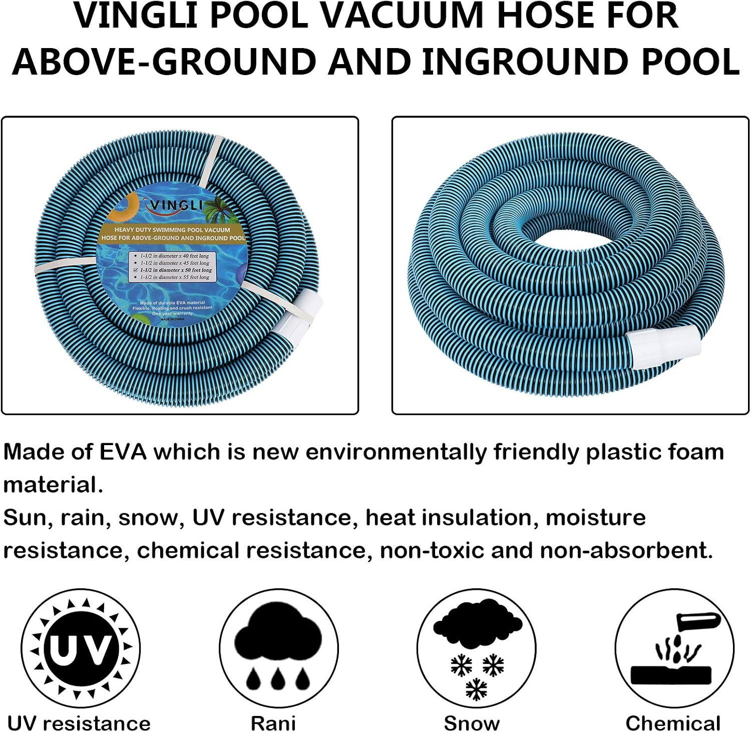 Swimming Pool Vacuum Hose, 1-1/2-Inch X 50-Feet, Blue